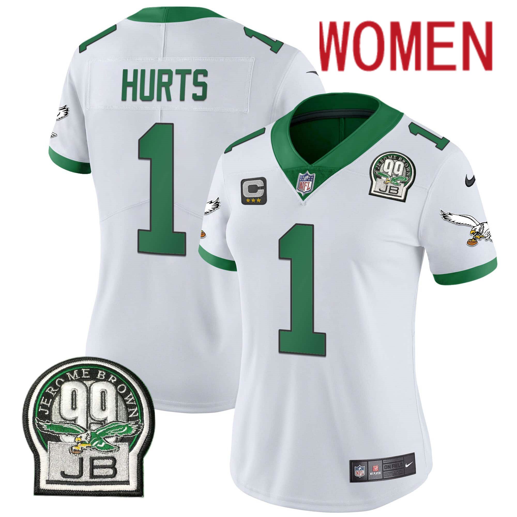 Women Philadelphia Eagles #1 Hurts White 2024 Nike Jerome Brown Patch Alternate Limited NFL Jersey